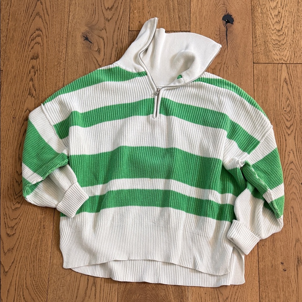 aerie Beyond Green and White Striped Quarter-Zip Sweater